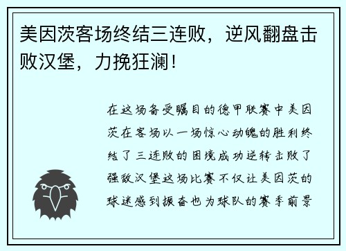 美因茨客场终结三连败，逆风翻盘击败汉堡，力挽狂澜！