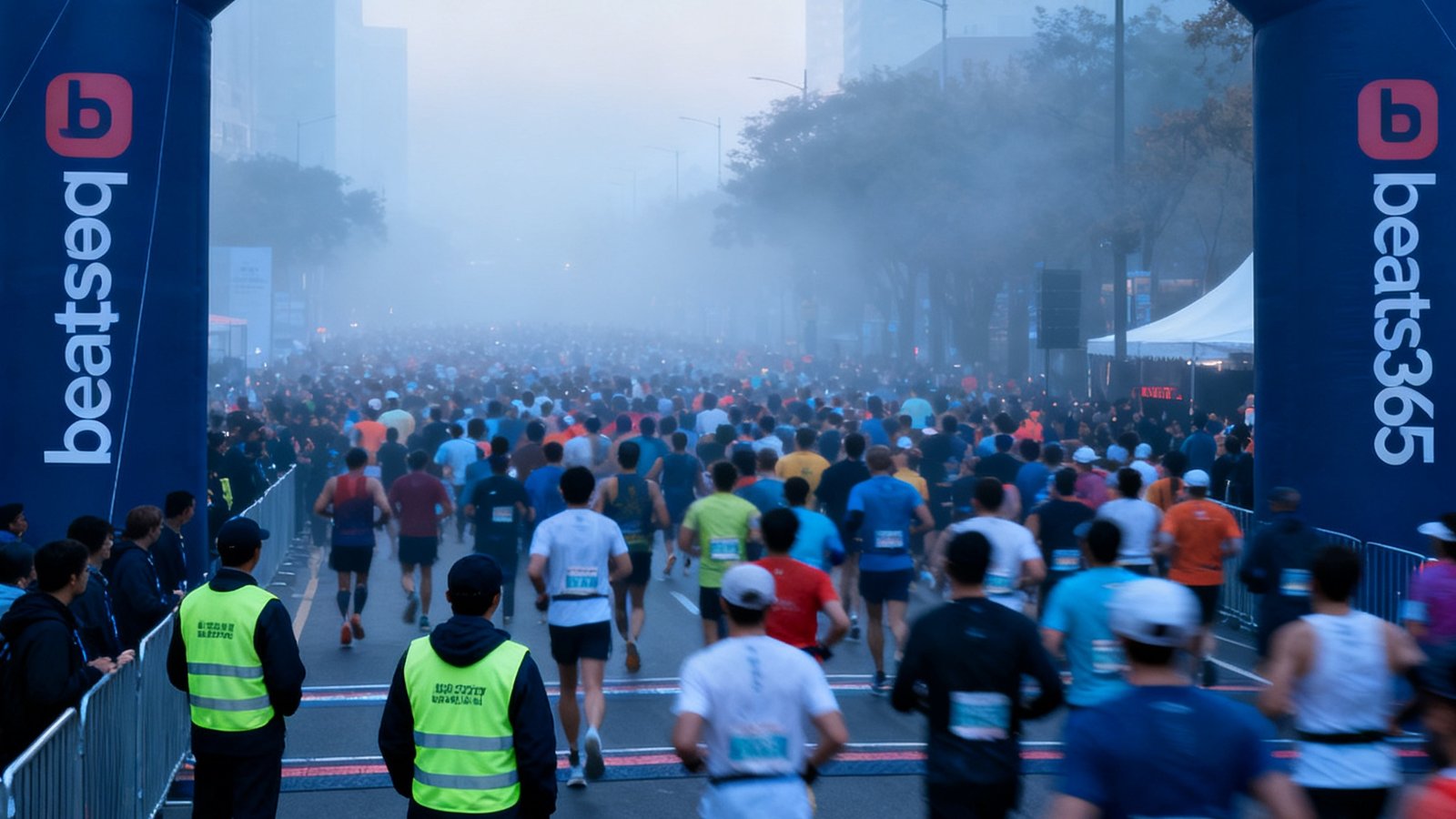 清晨城市马拉松起点，上万名跑者穿过拱门，赛道旁有beats365赛事执行团队穿着统一背心维持秩序。